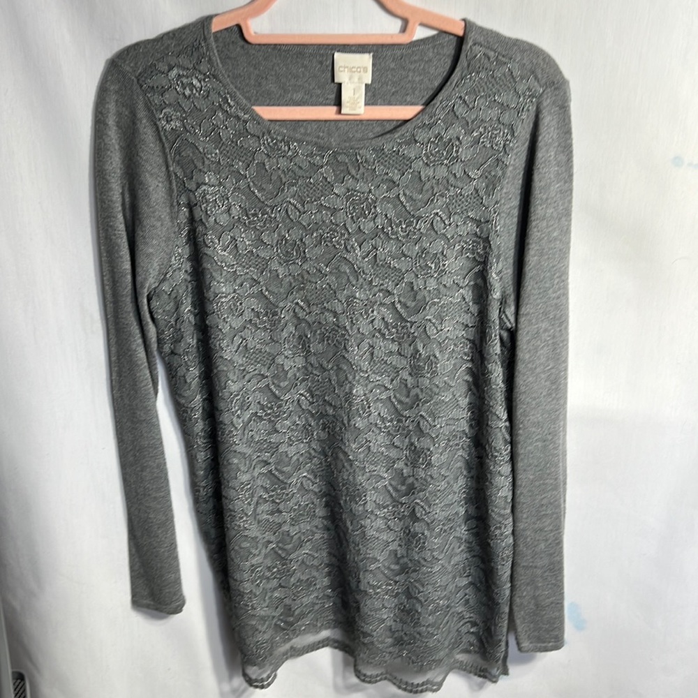 Chico’s Women’s Blouse, Chicos size (1), long sleeves, lacy rose pattern front.